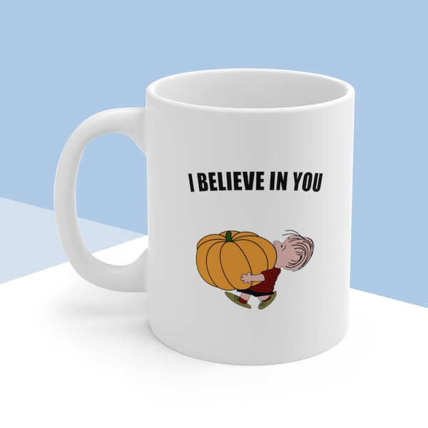 Charlie Brown Halloween - It's The Great Pumpkin, Charlie Brown - Linus Carrying Giant Pumpkin - "I Believe In You" - Halloween Mug