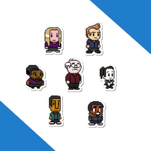 Pegatinas comunitarias de personajes de videojuegos de 8 bits - The Greendale Seven - Episodio de planificación patrimonial digital - Viaje al centro de Hawkthorne