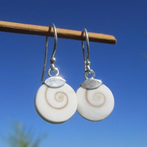 May include: A pair of dangle earrings featuring circular white shell discs with a natural brown spiral pattern. Each disc is attached to a silver-toned metal finding and a curved silver ear wire, suspended from a thin horizontal wooden rod.