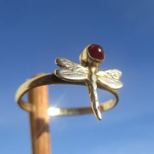 Könnte beinhalten: Ein silberner Ring mit einem Libellen-Design. Die Libelle hat detaillierte Flügel und einen roten Edelstein am Kopf. Der Ring ist vor einem blauen Himmel platziert, was die filigranen Details hervorhebt.