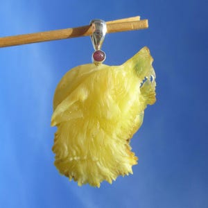 Wolf - Carved amber natural amber pendant, 925 silver with ruby