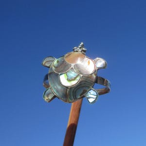 Può includere: Un anello in argento con un elemento centrale a forma di tartaruga intarsiato con segmenti di conchiglia di abalone iridescente. Il guscio della tartaruga è composto da molteplici pezzi curvi e multicolori nei toni del verde, blu e marrone, incastonati in una montatura in argento lucido.