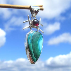 Malachite with Chrysocolla - Pendant Silver 925 with Garnet and Ruby