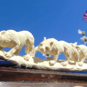 Può includere: Scultura intagliata color avorio di una famiglia di orsi. La scultura raffigura un'orsa e tre cuccioli, tutti che camminano su una base intagliata. Lo sfondo è un cielo blu brillante con fiori.