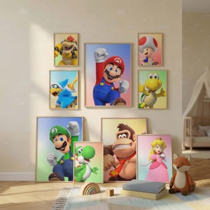 May include: A set of framed art prints showcasing characters from the Super Mario video game franchise. The prints feature Mario, Luigi, Yoshi, Donkey Kong, Princess Peach, and other characters. The artwork is displayed on a wall in a child's bedroom.