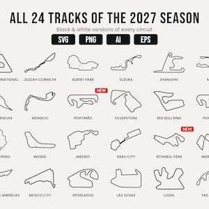 Può includere: Una collezione digitale di 24 contorni di circuiti di Formula 1 in bianco e nero per la stagione 2027, inclusi i formati file SVG, PNG, AI ed EPS. Il grafico mostra mappe etichettate per circuiti come Bahrain, Monaco e Silverstone.