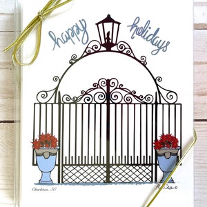 Cartões de boas festas, Charleston Gates, cartões de nota de poinsétia, conjunto de cartões de nota, presente de Charleston, cartões comemorativos. Um Portão Philip Simmons