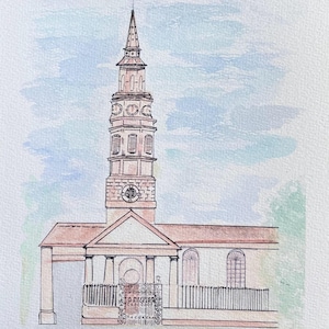 Charleston St. Philip’s Church Print – Watercolor & Ink Illustration, Historic Landmark Wall Art, Southern Architecture Art, Charleston Deco