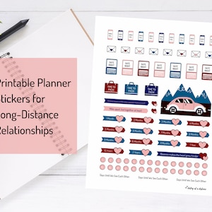 May include: Printable planner stickers for long-distance relationships. The stickers feature a pink and blue colour scheme with illustrations of phones, envelopes, typewriters, suitcases, mountains, a car, hearts, and numbers. The text "Time to Pack!" and "Absence makes the heart grow fonder" are included.