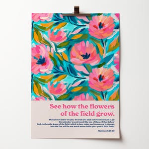 Observa cómo crecen las flores (Mateo 6). Póster con versículo bíblico.