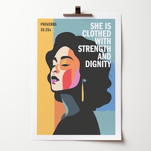 Proverbs 31 Christian poster, She is clothed with strength and dignity, Bible verse wall art,