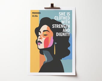 Proverbs 31 Christian poster, She is clothed with strength and dignity, Bible verse wall art,