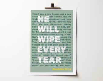 Revelation 21 poster, He will wipe every tear. Christian wall art.