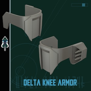 May include: A pair of gray plastic knee armor pieces with a raised design. The armor pieces have a small, rectangular opening on the side and a series of small, round holes on the back. The text "DELTA KNEE ARMOR" is printed on the bottom of the image.