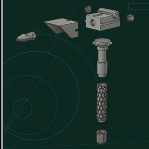 May include: A disassembled model of a futuristic weapon, featuring a grey, hexagonal barrel, a grey, cylindrical handle, a grey, circular base, and a grey, rectangular top with a gear. The weapon is laid out on a green background.