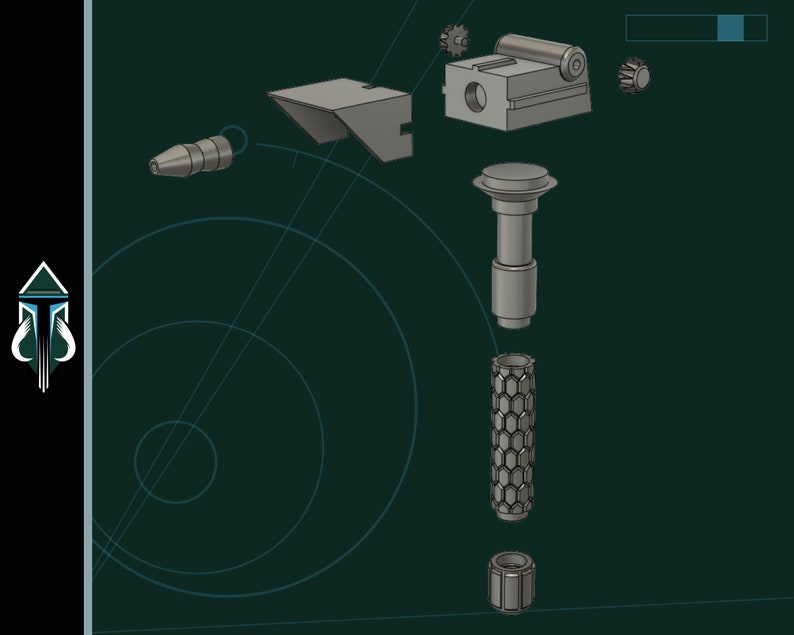 May include: A disassembled model of a futuristic weapon, featuring a grey, hexagonal barrel, a grey, cylindrical handle, a grey, circular base, and a grey, rectangular top with a gear. The weapon is laid out on a green background.