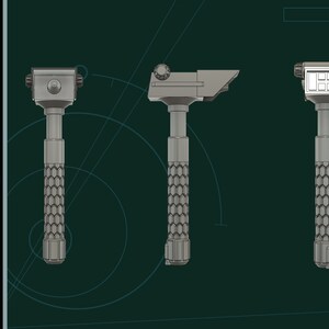 May include: Three different views of a silver-colored, handheld device with a textured grip. The device has a black top with a circular knob and a rectangular display with a series of buttons.