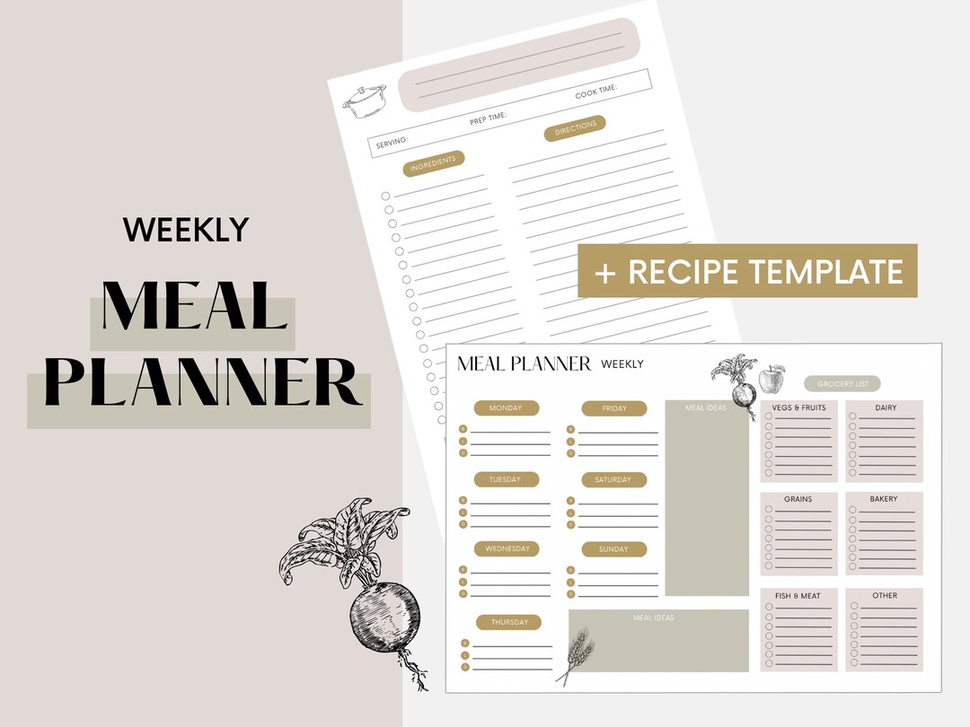 Weekly Meal Planner Printable + Recipe Template | Digital Meal Planner ...