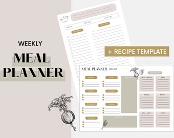 Weekly meal planner printable + Recipe template | Digital meal planner | Blank recipe pages for cookbook | Grocery Planner | meal tracker