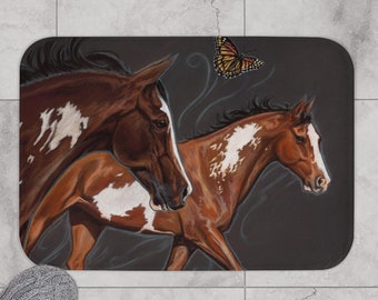 Paint Horses Bath Mat, Pinto Bathroom Rug with Horse and Butterfly Art by Kim McElroy, Pinto Horse Home Decor