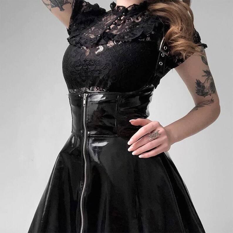 Goth Black Leather Suspender Skirt Dress Gothic Streetwear Etsy