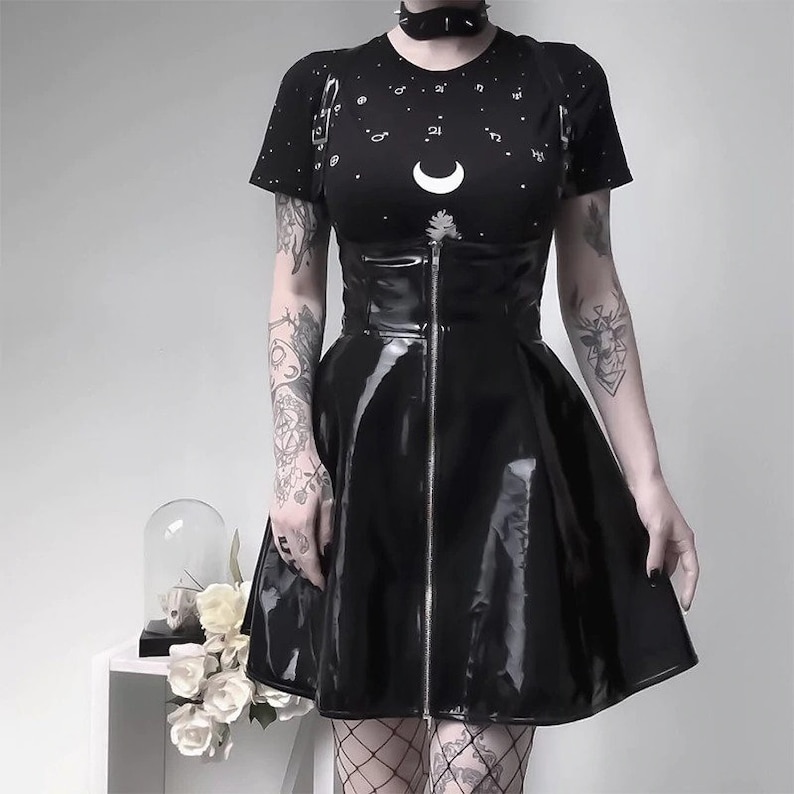 Goth Black Leather Suspender Skirt Dress Gothic Streetwear Etsy