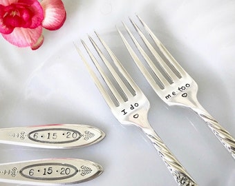 Wedding Forks, Wedding, Bride and Groom, Serveware, Hand Stamped, Custom Stamped Wedding Gift, I do, me too,