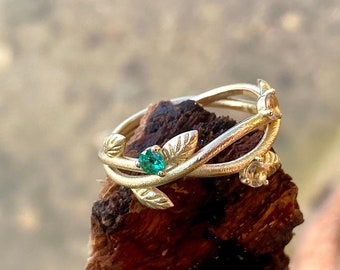 750 yellow gold ring with branches and leaves - leaf ring with emerald and citrine