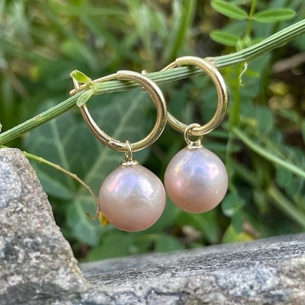 750 yellow gold earrings / change - hoop earrings - 18 carat - with baroque pearls in rose