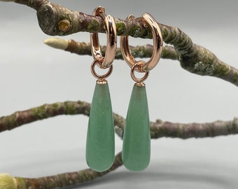 Boucles d'oreilles / boucles d'oreilles interchangeables - Créoles avec poires de jade vertes - Argent 925 plaqué or rose 750 - peuvent également être portées en pendentif