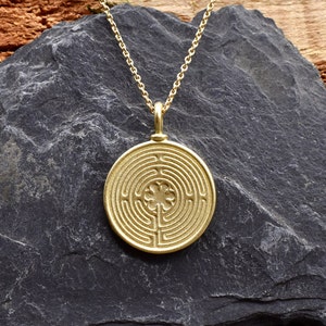 Labyrinth and Tree of Life Reversible Pendant - Amulet made of 750 yellow gold - antique coin, 18 carat gold, Labyrinth of Chartres Notre Dame