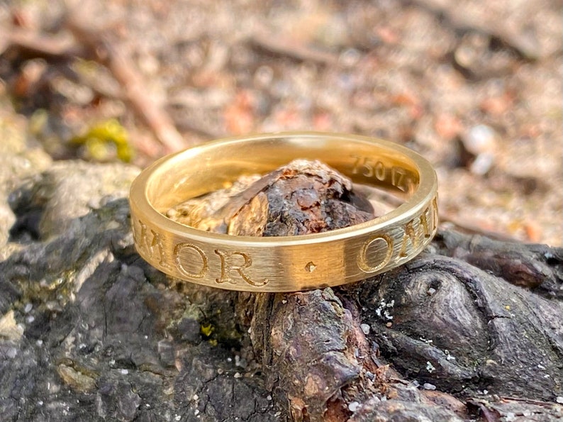 K&ouml;nnte beinhalten: Ein goldener Bandring mit der Inschrift "AMOR" auf der Au&szlig;enseite des Bandes. Die Inschrift ist in einer Serifenschrift und leicht von der Oberfl&auml;che des Bandes erh&ouml;ht. Der Ring liegt auf einem St&uuml;ck Rinde.