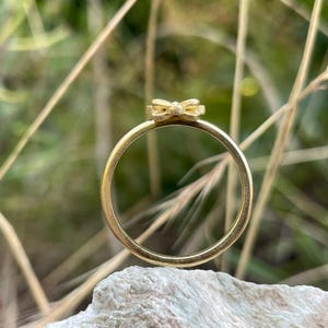 May include: A gold ring with a small bow detail. The ring is sitting on a rock with a blurred background of green grass.