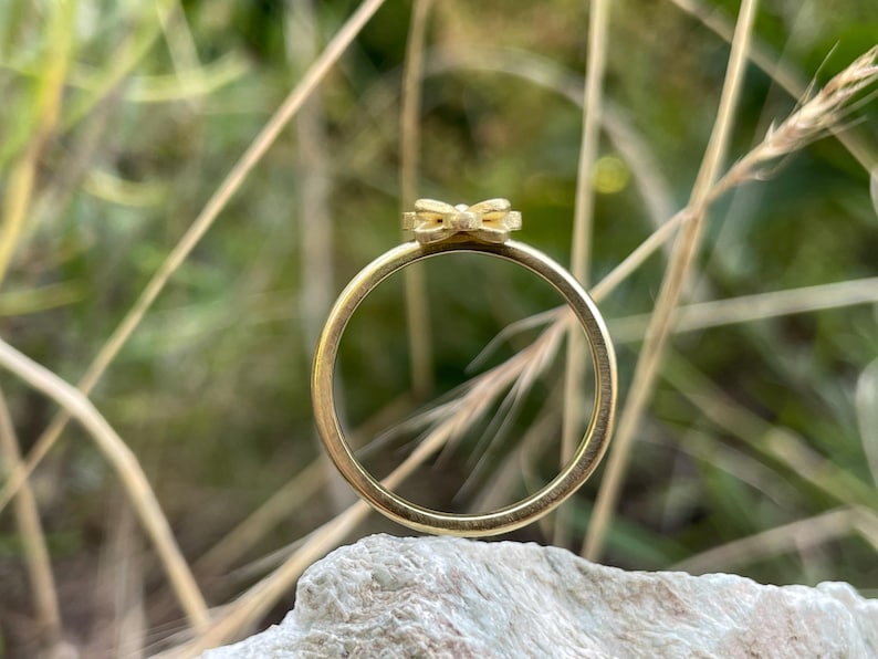 May include: A gold ring with a small bow detail. The ring is sitting on a rock with a blurred background of green grass.