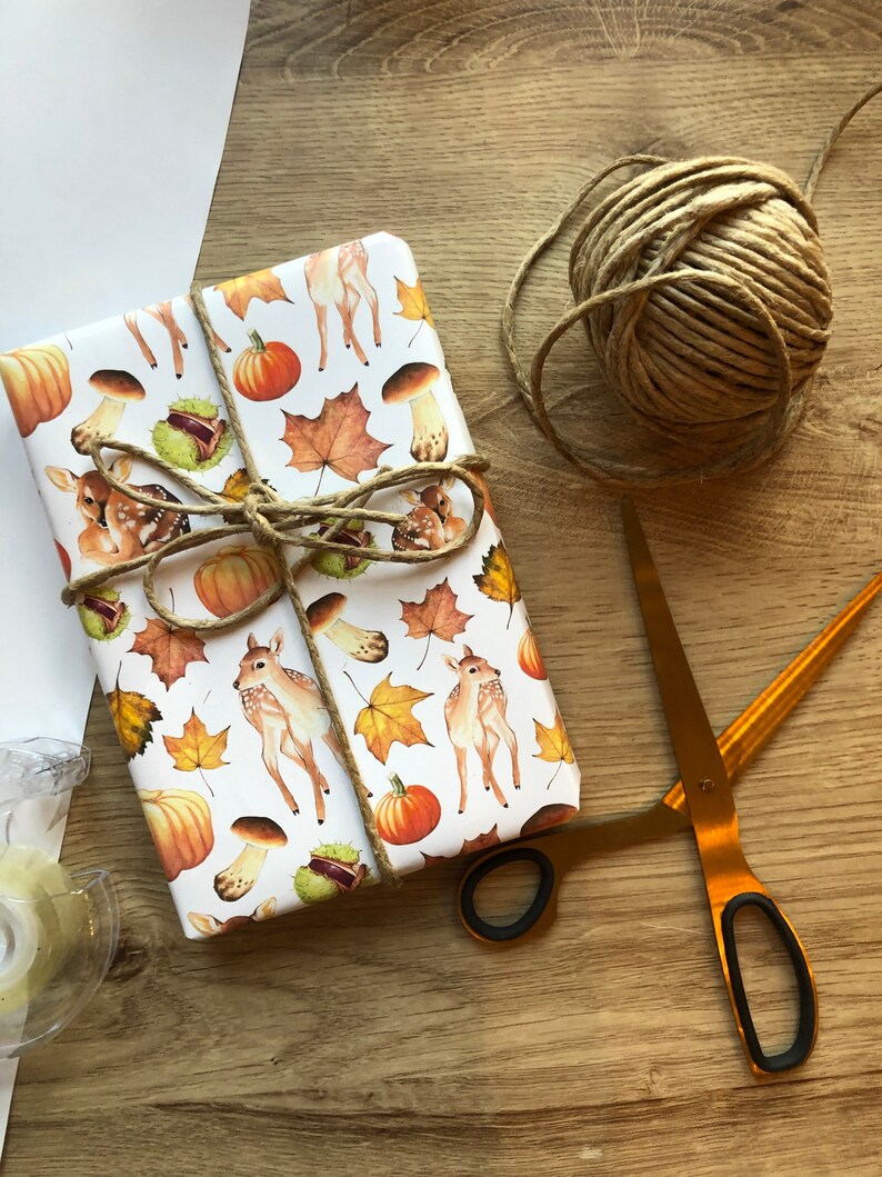 FAWN WRAPPING PAPER, fall pattern, fall gift wrap, pumpkin, leaves, fawns, wrapping paper sheet image 5