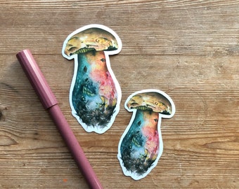 Magical mushroom sticker duo, mushroom stickers, mushroom art, bolete sticker, weatherproof sticker