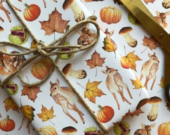 FAWN WRAPPING PAPER, fall pattern, fall gift wrap, pumpkin, leaves, fawns, wrapping paper sheet