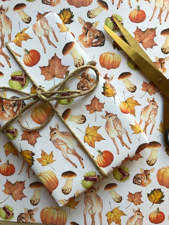 FAWN WRAPPING PAPER, fall pattern, fall gift wrap, pumpkin, leaves, fawns, wrapping paper sheet