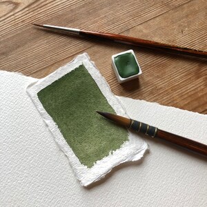 May include: A green watercolor paint pan and two paintbrushes on a white textured paper surface.