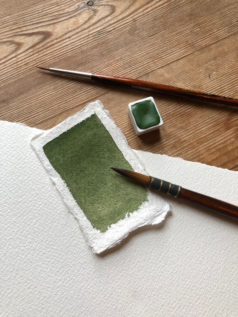 May include: A green watercolor paint pan and two paintbrushes on a white textured paper surface.