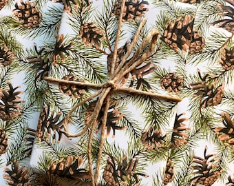 PINE WRAPPING PAPER, pine cones and branches gift wrap, patterned wrapping paper, wrapping paper sheets.