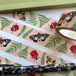 Insecten en varens washi tape 20 mm, decoratieve tape, natuurillustratie