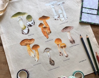 Deadly mushrooms tote bag, mushroom art print, mushroom tote, poisonous mushroom art