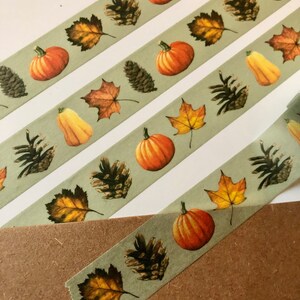 May include: Four rolls of washi tape with a fall theme. The tape features pumpkins, leaves, pine cones, and a light green background.