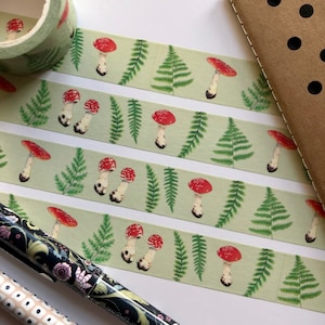 Taśma washi z paprociami i muchomorem 20 mm, taśma washi z grzybem, taśma klejąca