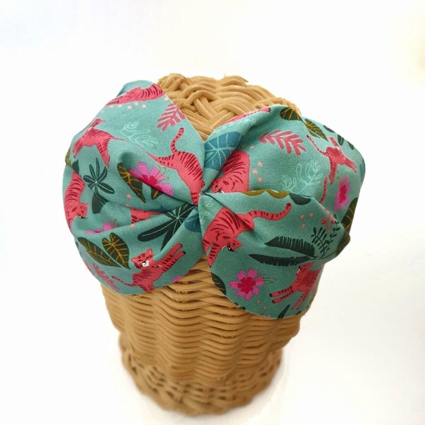 Cotton fabric Turban style headband. Knotted tiger printed fabric diadem for woman and girl.