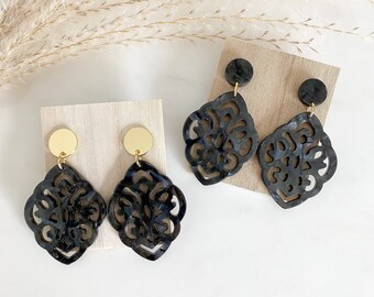 Baroque resin earrings "Kate" black - studs in silver & gold