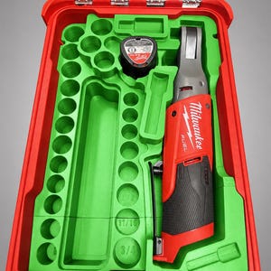May include: A bright green plastic tool organizer insert designed for a red case. The insert features molded slots for various sockets, a battery, and a Milwaukee Fuel ratchet tool. Text at the bottom reads: INSERT ONLY - NO TOOLS - NO BATTERY - NO BOX.