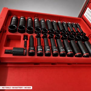 May include: A red tool organiser tray with custom-moulded slots containing a collection of black metal socket tools. The tray features labels for extensions, allen keys, and punch chisels. Text at the bottom reads: INSERT ONLY - NO TOOLS - NO BATTERY - NO BOX.