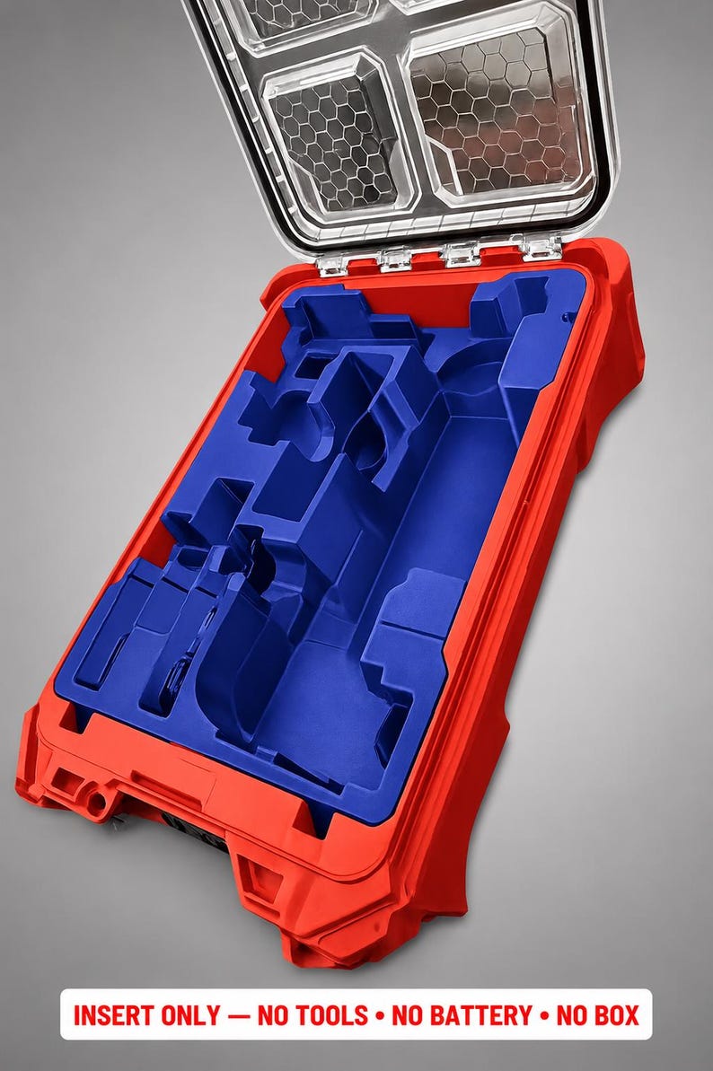 Puede incluir: Un malet&iacute;n de almacenamiento rojo brillante con la tapa abierta que muestra un panel interior transparente con patr&oacute;n hexagonal. Dentro hay una pieza de espuma azul con varios compartimentos moldeados. El texto inferior dice: INSERT ONLY - NO TOOLS - NO BATTERY - NO BOX.